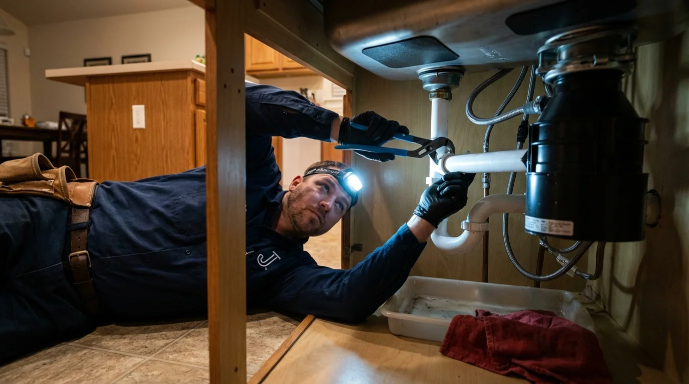P-trap and supply line connections under a kitchen sink showing a common leak point in Springville, UT
